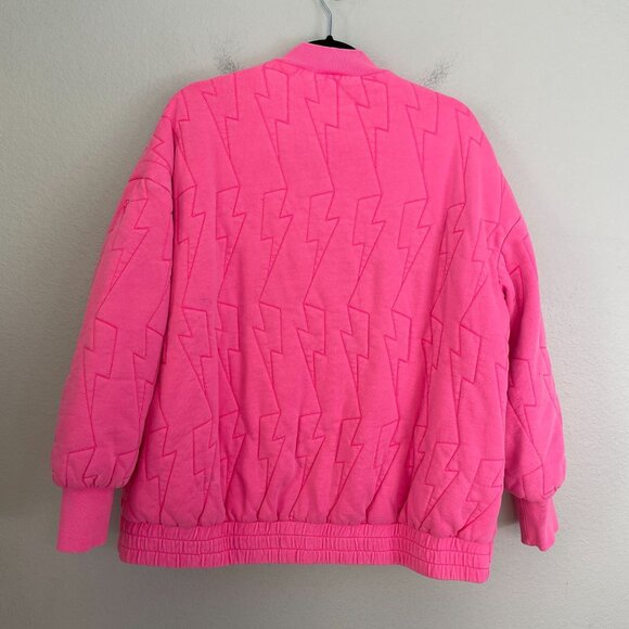 Scamp&Dude S/M Neon Pink Lightning Bolt Oversized Quilted Bomber Jacket Organic - Picture 13 of 16